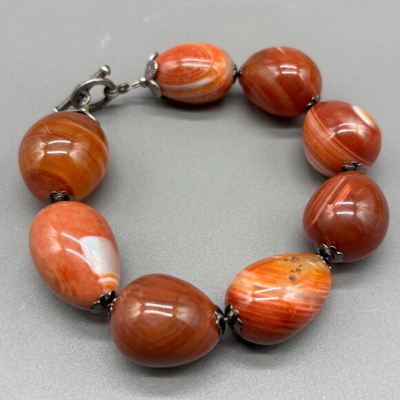 Carnelian Agate Bracelet Orange Striped Teardrop Beads Toggle Clasp 9 in Healing - Picture 1 of 11